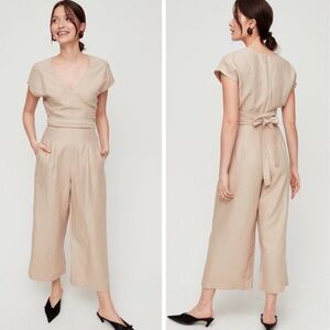 Aritzia Wilfred (8) Brax Cutout Tie Wrap Linen Blend Wide Leg Jumpsuit Nude Tan